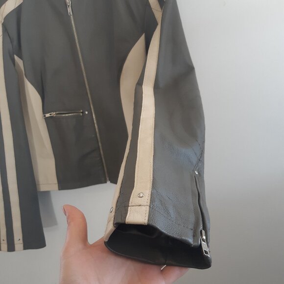 OXYHO Sorento Large Women's Genuine Leather Coat, Two-Tone Olive/Grey + Beige - Picture 9 of 16